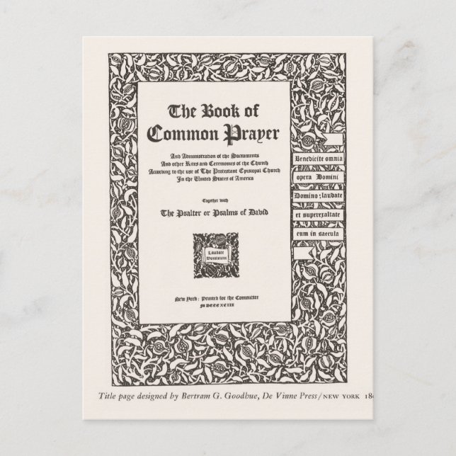Bok i Common Prayer, New York 1800 Vykort (Framsida)