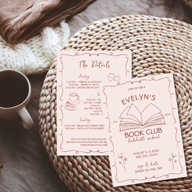 Bok Klubb Bookish Hand plockade Bachelorette Helg Inbjudningar (Book Club Bookish Hand Drawn Bachelorette Weekend Invitation)