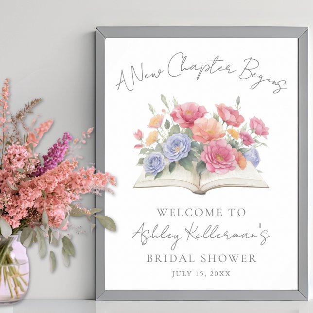 Bok Målad bröllopsfest för blommiga brudar välkoms Poster (Book Watercolor Floral Bridal Shower Welcome Sign)