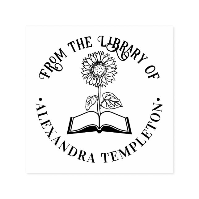 Bok med solros “Från bibliotek av” Rund Självfärgande Stämpel (Design)