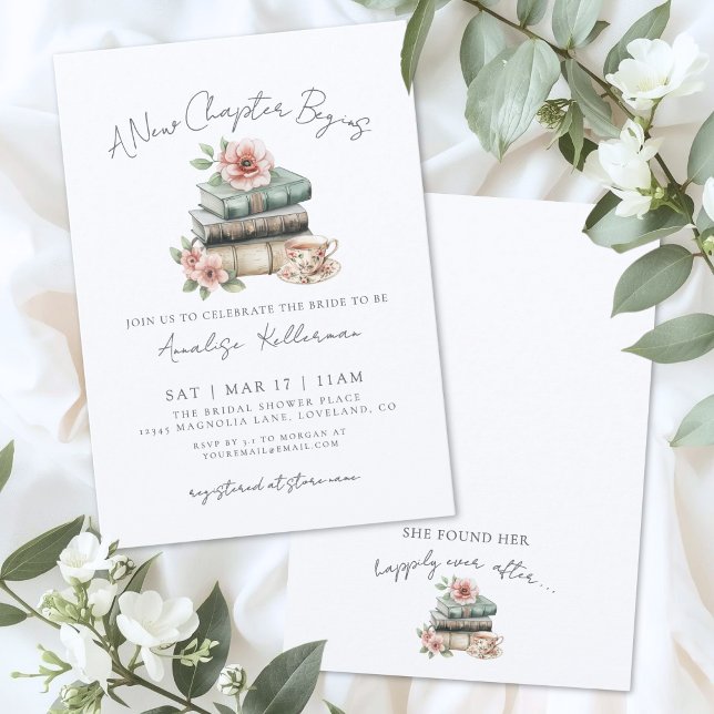 Bok Ny Kapitel Bröllopsdusch med blommor Inbjudningar (Book New Chapter Floral Bridal Shower Invitation)