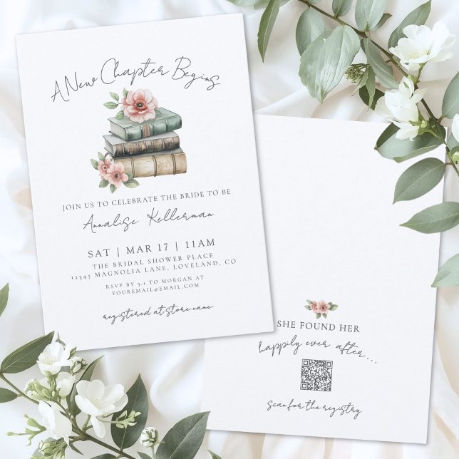 Bok Ny Kapitel Bröllopsdusch med blommor Inbjudningar (Book New Chapter Floral Bridal Shower Invitation)