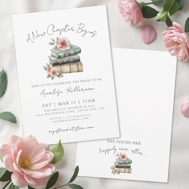 Bok Ny Kapitel Bröllopsdusch med blommor Inbjudningar (Book New Chapter Floral Bridal Shower Invitation)
