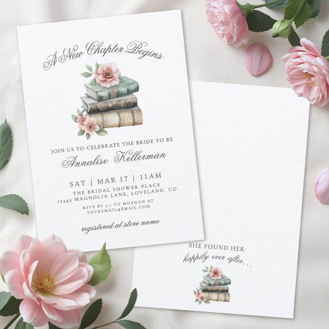 Bok Ny Kapitel Bröllopsdusch med blommor Inbjudningar (Book New Chapter Floral Bridal Shower Invitation)