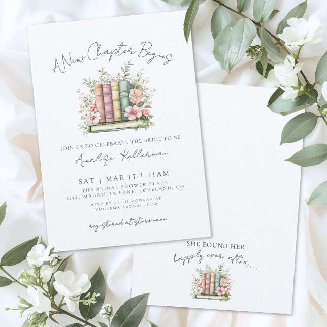 Bok Ny Kapitel Bröllopsdusch med blommotiv Inbjudningar (Book New Chapter Floral Bridal Shower Invitation)