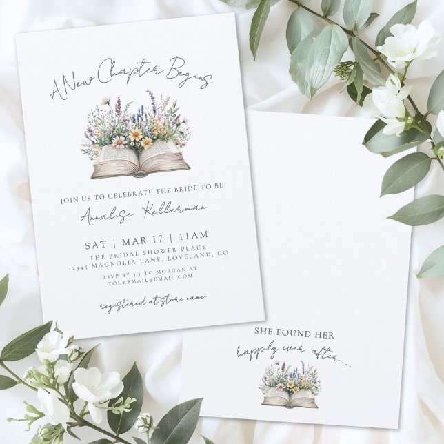 Bok Ny Kapitel Bröllopsfest Vildblomma Inbjudningar (Book New Chapter Wildflower Bridal Shower Invitation)