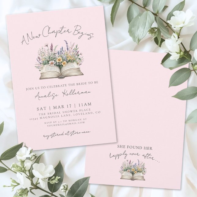 Bok Ny Kapitel Rosa Vildblomma Bröllopsfest Inbjudningar (Book New Chapter Pink Wildflower Bridal Shower Invitation)