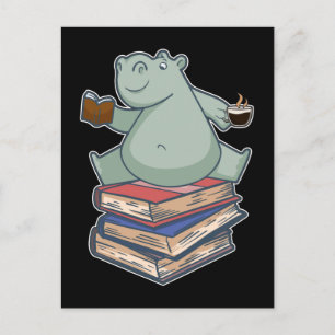 Bok Reading Tea Coffee Kawaii Bookworm Hippo Vykort