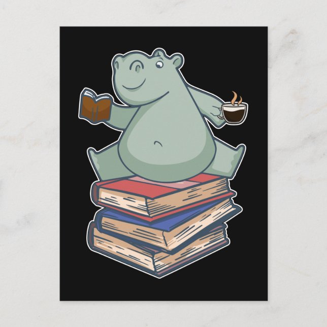 Bok Reading Tea Coffee Kawaii Bookworm Hippo Vykort (Framsida)