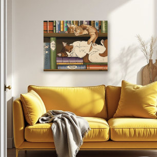 Bok Shelf Cats Bibliotek Poster