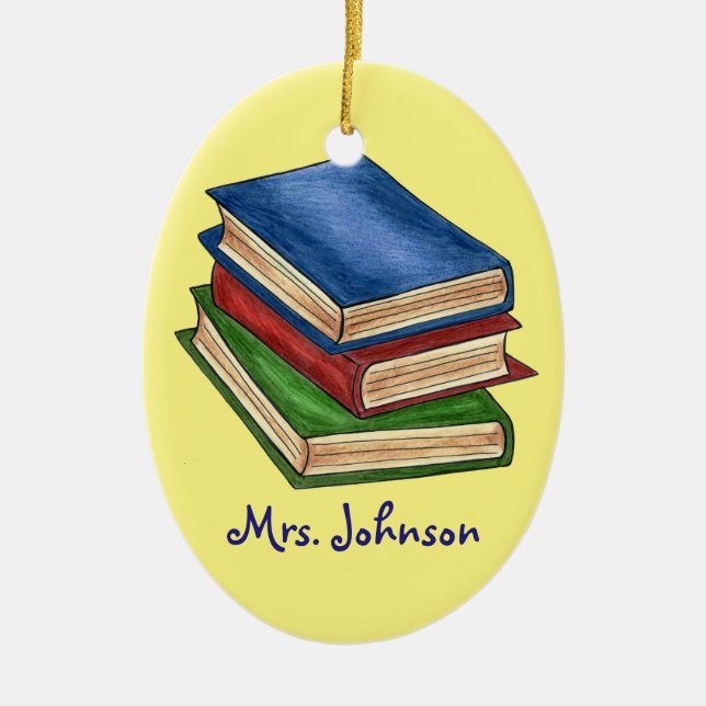 Bok Stack Librarian Lacher Reading Education Julgransprydnad Keramik (Framsidan)