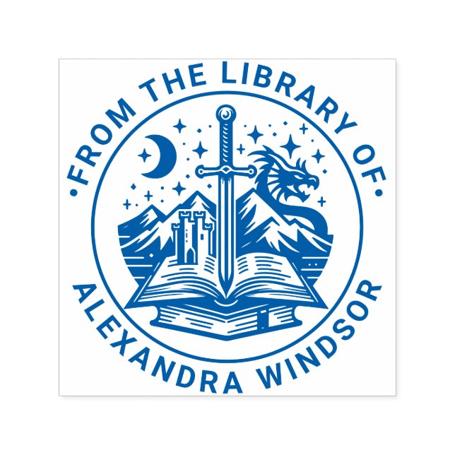 Bok Sword Dragon Stars Bibliotek Bok Namn Självfärgande Stämpel (Design)