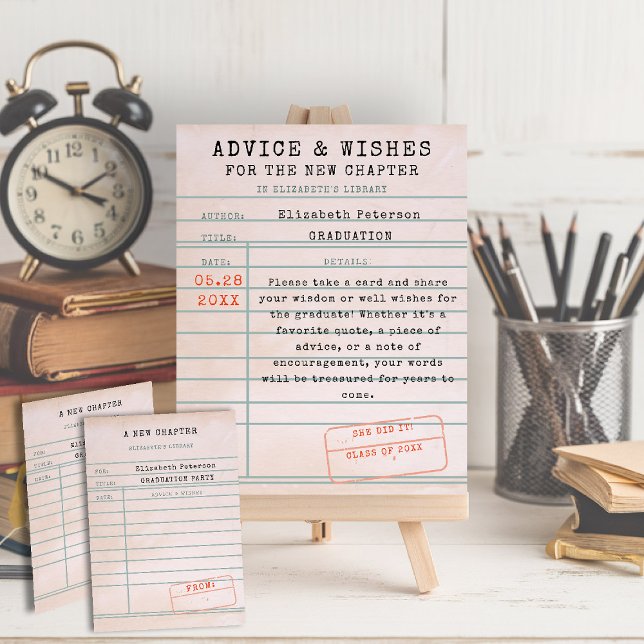 Bok Theme Bibliotek Card Studenten Advice Önskemål Poster (graduation advice wishes sign vintage library card book bookish bookworm literature lover reader)