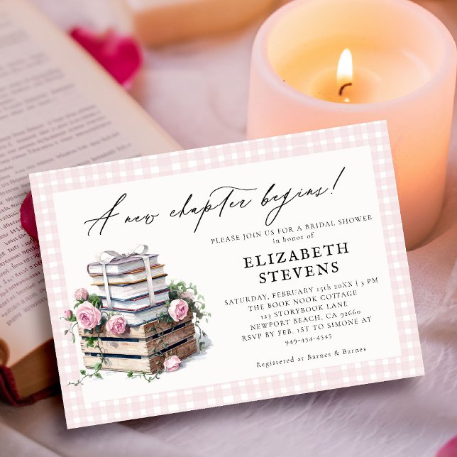 Bok Theme Möhippa Rustic Ro nytt kapitel Inbjudningar (book theme bridal shower invitation book lover bookish rustic roses gingham pink watercolor)