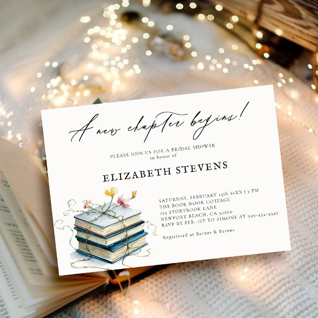 Bok Theme Möhippa Wildblommor Nytt kapitel Inbjudningar (book theme bridal shower invitation book lover bookish wildflowers floral calligraphy elegant chic)