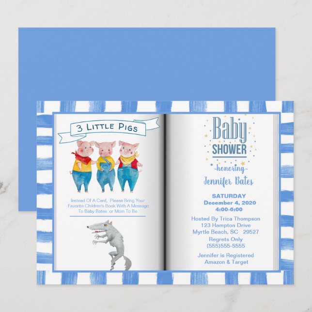 Bok Themme Three Little Pigs Blue Baby Shower Inbjudningar (Fram/baksida)