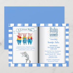 Bok Themme Three Little Pigs Blue Baby Shower Inbjudningar