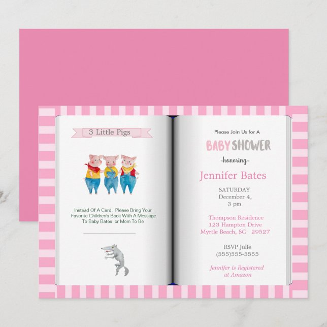 Bok Themme Three Little Pigs Rosa Baby Shower Inbjudningar (Fram/baksida)