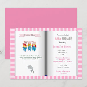 Bok Themme Three Little Pigs Rosa Baby Shower Inbjudningar