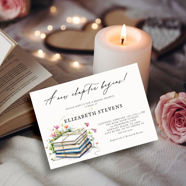 Bok Thned Möhippa Wildblommor Nytt kapitel Inbjudningar (book themed bridal shower invitation book lover bookish wildflowers floral calligraphy elegant chic)
