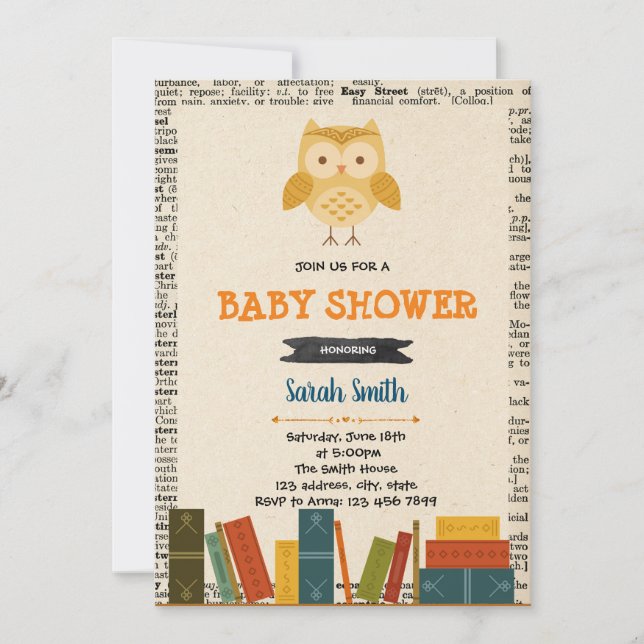 Bok uggla baby shower inbjudningskort (Framsida)