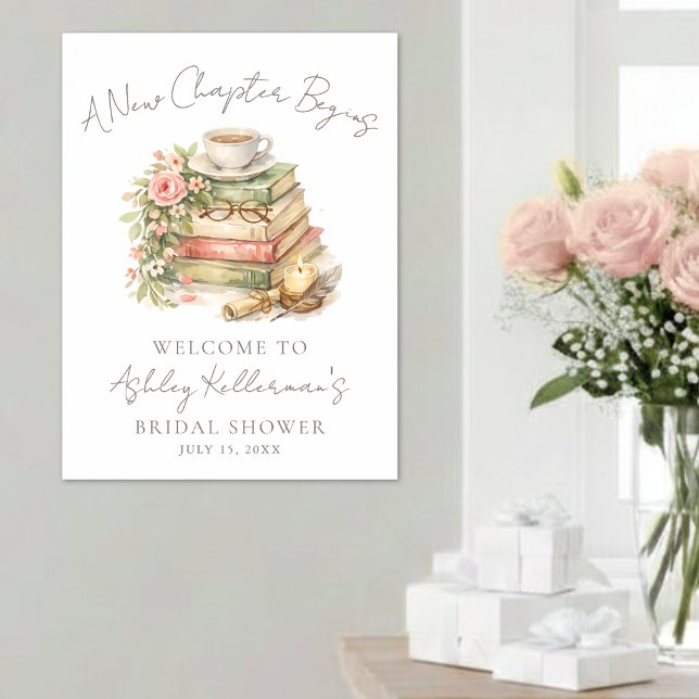 Boka ett nytt kapitel Blommig bröllopsduschskylt Poster (Book A New Chapter Floral Bridal Shower Sign )