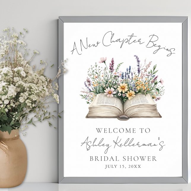 Boka Nytt Kapitel Bröllopsfest för Bruden Wildflow Poster (Book New Chapter Wildflower Bridal Shower Sign)