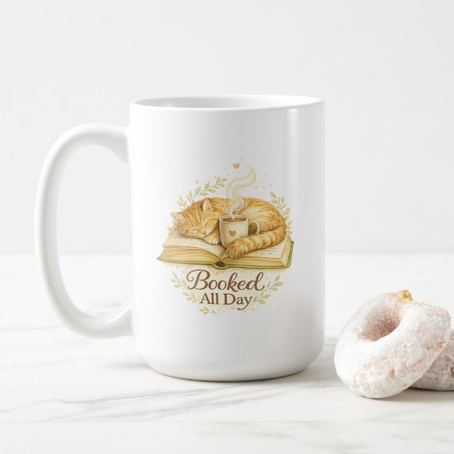 Bokad hela dagen | Mysig katt som läser Vattenfärg Kaffemugg (Med munk)
