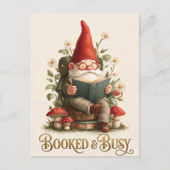 Bokad och upptagen läsgnome vykort (Framsida)