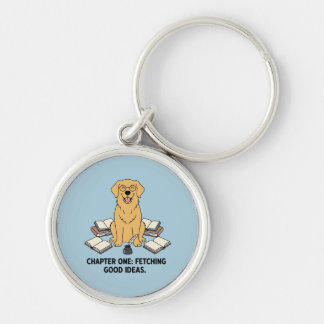 Bokälskande Golden Retriever Blå Silver Tillbehör Rund Silverfärgad Nyckelring