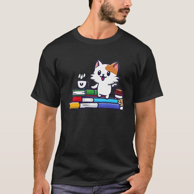 Bokälskande katt Söt katt och kaffe T Shirt (Framsida)