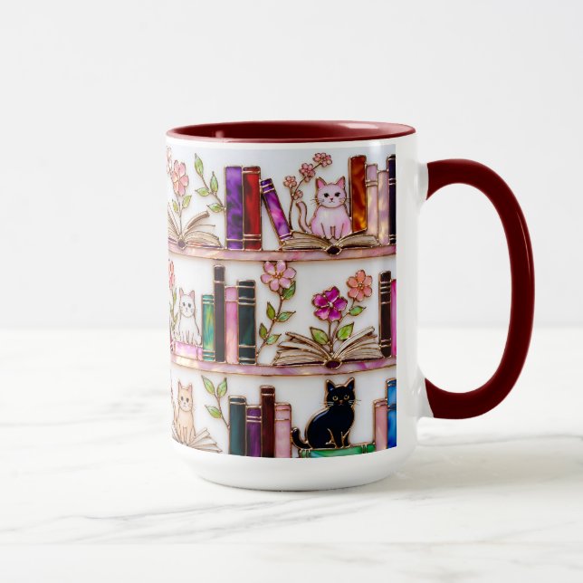 Bokälskare Kattmugg Blommig Bokhylla Present Mugg (Höger)