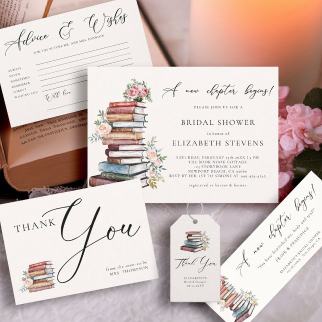 Bokälskare Ny Kapitel Boklig Litterär Tack Presentetikett (new chapter theme book lover bookish literary bridal shower collection watercolor stack floral roses)