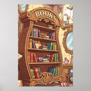 Bokälskare söta tecknade bokhyllor med varelser poster