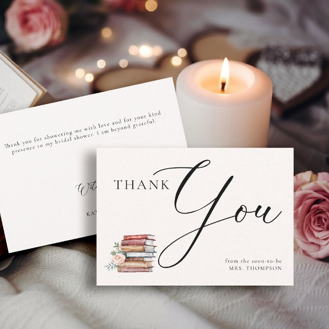 Bokälskare tema Bokslukande litterär bröllopsfest  Tack Kort (bridal shower thank you card new chapter theme book lover bookish literary bookworm floral roses)