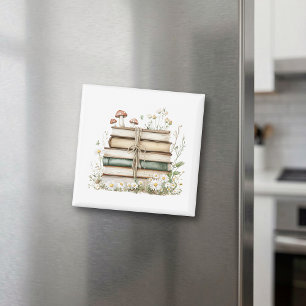 Bokälskare Vattenfärg Vintage Blommig Bok Magnet