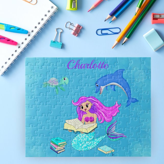 Bokar Anpassa Sjöjungfru som läser Pussel (Piece together your imagination with our Sparkling Mermaid Reading Books Personalized Puzzle!)
