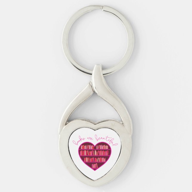 "Bokar är vackert" Twisted Heart Silverfärgad Nyckelring (Framsidan)