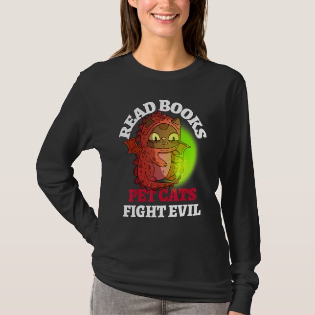 Bokar Cats Fight Evil Bookish Magic Dragon Reading T Shirt (Framsida)