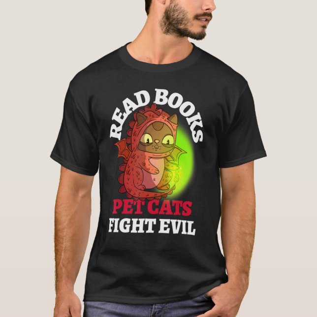 Bokar Cats Fight Evil Bookish Magic Dragon Reading T Shirt (Framsida)