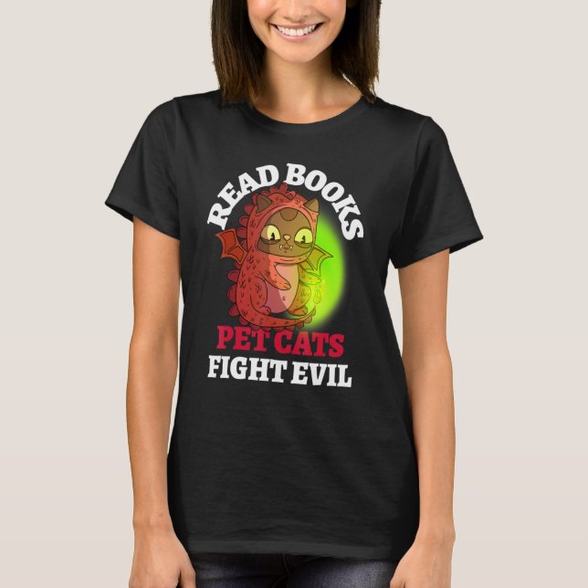 Bokar Cats Fight Evil Bookish Magic Dragon Reading T Shirt (Framsida)