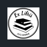 Bokar Ex Libris Anpassningsbar Bookplate-Personlig Stämpel<br><div class="desc">Denna runda anpassningsbar-bokskylt gummi frimärke har en silhuett av en stapel av bokar inuti en dubbla cirkel. Det står Ex Libris och har plats för ditt namn i mallen för att anpassa det. Byt bara ut provet namn mot ditt eget. — Du kan ändra teckensnittet stil, flytta eller ändra vad...</div>