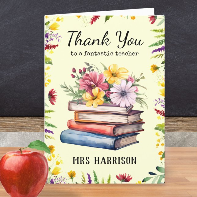 Bokar Flowers Söt Personlig Lärare Tack Kort (A personalized card with 'Thank you to a fantastic teacher' words, and picture of books and flowers)
