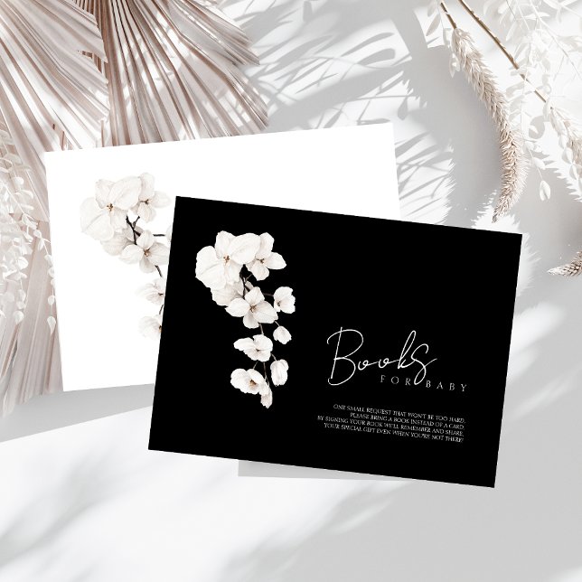 Bokar för Baby Black White Orchids Baby Shower Tilläggskort (Modern Black and White Orchids Flowers Baby Shower 'Books for Baby' Enclosure Card)
