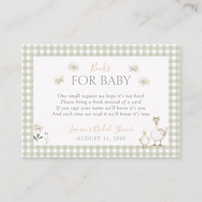 Bokar för Baby Fånig Goose Whimsical Grönt Shower Tilläggskort (Framsida)