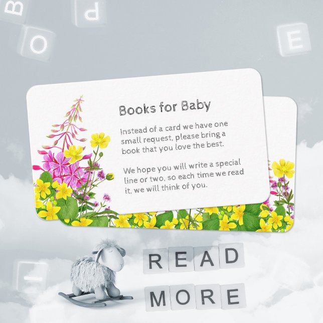 Bokar för Baby Gult Rosa Wildblomma Baby Shower Tilläggskort (Books for Baby Yellow Pink Wildflower Baby Shower Enclosure Card ©Susanne SachersSunny Mind Design)