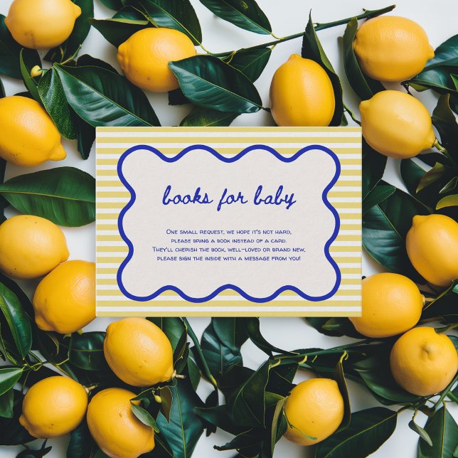 Bokar för Baby Hand plockade Blue & Gult Italiensk Tilläggskort (books for baby ciao baby italian baby shower theme lemon citrus stripes hand drawn)