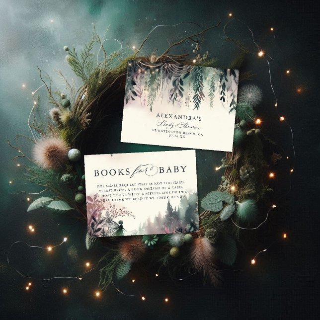 Bokar för Baby-ombytta skogsområden Tilläggskort (books for baby card baby shower enclosure enchanted forest fairy mountains emerald mauve)