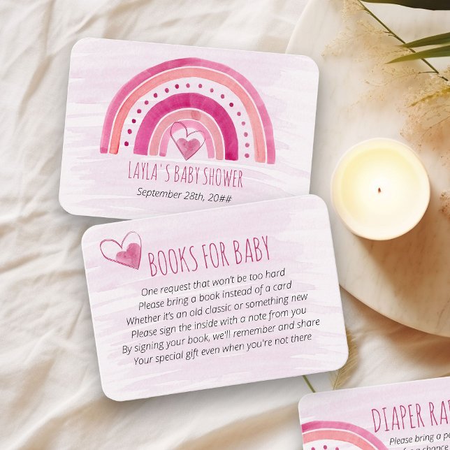 Bokar för Baby Rosa Rainbow Baby Shower Tilläggskort (Books for Baby request card with pink rainbow)