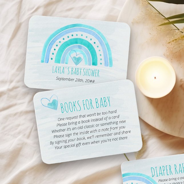 Bokar för Baby Turcos Rainbow Baby Shower Tilläggskort (Books for Baby request card with blue rainbow)
